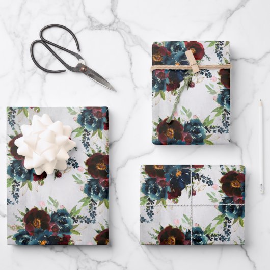 Burgundy Navy Peony en Rozen Bouquet Inpakpapier Vel (Voorkant)