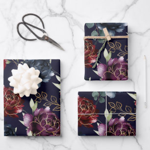 Burgundy Navy Peony Floral Gold Shimmer Inpakpapier Vel