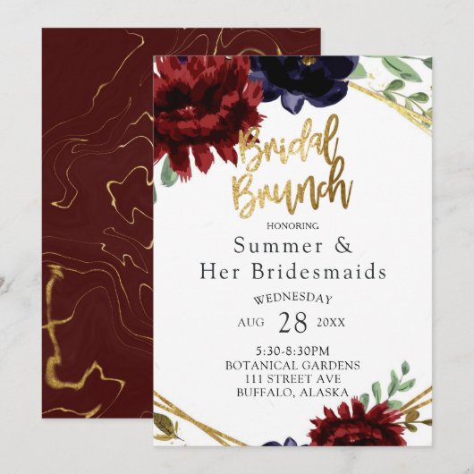 Burgundy Navy Peony Gold Bridesmaids Luncheon Kaart (Voorkant / Achterkant)