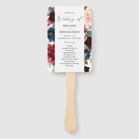 Burgundy & Navy Pink Blush Floral Wedding Programm Handwaaier (Voorkant)