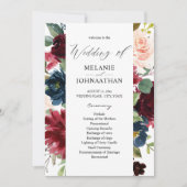 Burgundy & Navy Pink Blush Floral Wedding Programm Kaart (Voorkant)