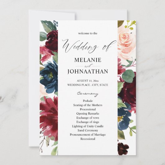Burgundy & Navy Pink Blush Floral Wedding Programm Kaart (Voorkant)