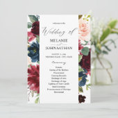 Burgundy & Navy Pink Blush Floral Wedding Programm Kaart (Staand voorkant)
