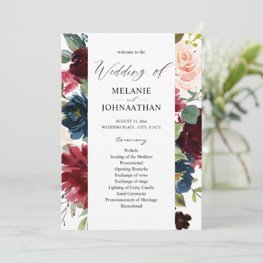 Burgundy & Navy Pink Blush Floral Wedding Programm Kaart (Staand voorkant)