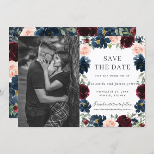 Burgundy Navy Pink Floral Foto Save the Date Kaart