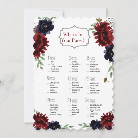 Burgundy Navy Pioen Goud Bruidsborrel Spel Kaart (Voorkant)