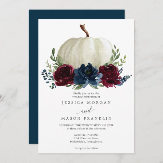 Burgundy Navy Pumpkin Herfst Floral Wedding Kaart (Voorkant / Achterkant)