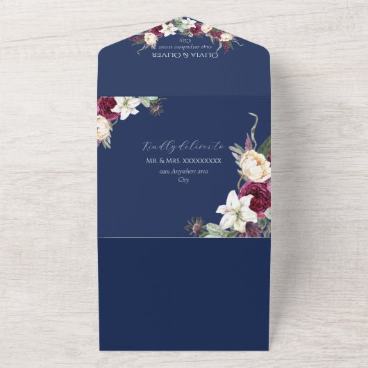 Burgundy navy qr code bruiloft all in one uitnodiging (Buitenkant)