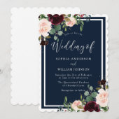 Burgundy & Navy Red Wine & Blush Flowers Weddensch Kaart (Voorkant / Achterkant)