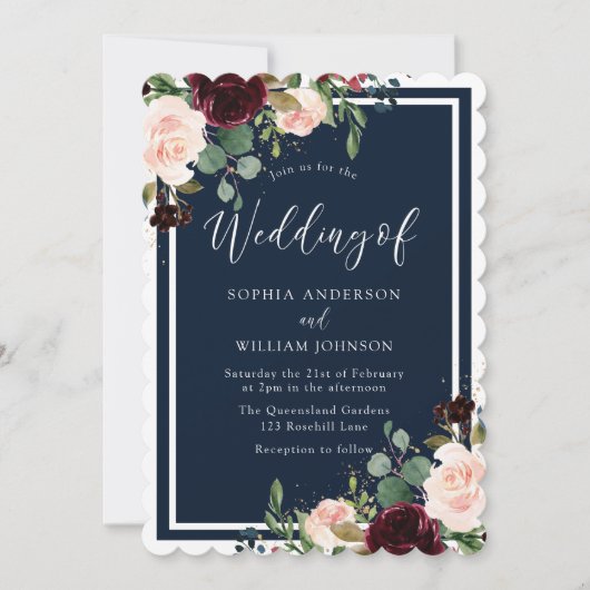 Burgundy & Navy Red Wine & Blush Flowers Weddensch Kaart (Voorkant)
