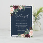 Burgundy & Navy Red Wine & Blush Flowers Weddensch Kaart (Staand voorkant)