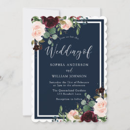 Burgundy & Navy Red Wine & Blush Flowers Weddensch Kaart