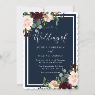 Burgundy & Navy Red Wine & Blush Flowers Weddensch Kaart