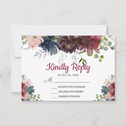 Burgundy Navy Roze Bloem Bruiloft RSVP kaart (Voorkant)