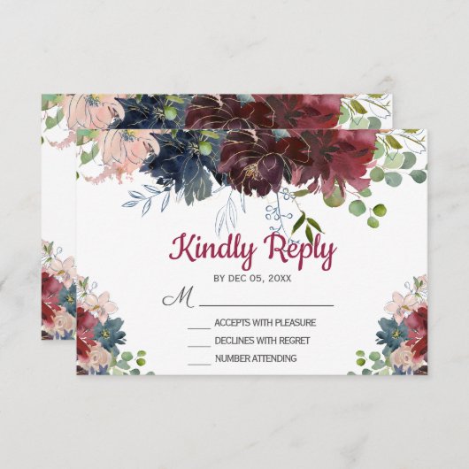 Burgundy Navy Roze Bloem Bruiloft RSVP kaart (Voorkant / Achterkant)