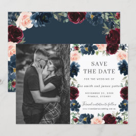 Burgundy Navy Roze Bloemige Foto Save the Date Kaa Kaart