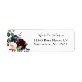 Burgundy & Navy, Roze Floral Return Address Label