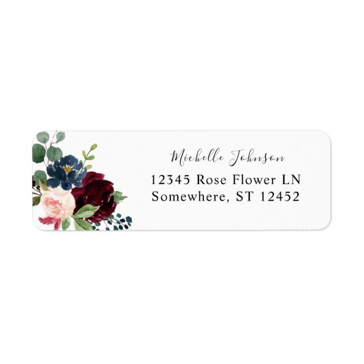 Burgundy & Navy, Roze Floral Return Address Label (Voorkant)