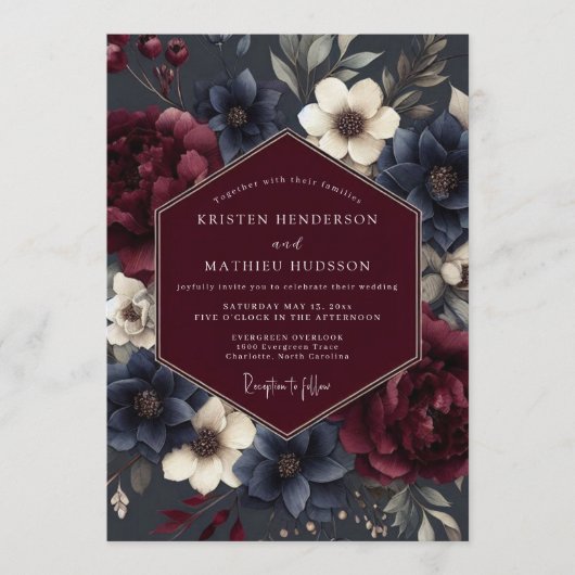 Burgundy Navy Somber Flora Wedding Kaart (Voorkant)
