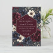 Burgundy Navy Somber Flora Wedding Kaart (Staand voorkant)