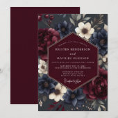 Burgundy Navy Somber Flora Wedding Kaart (Voorkant / Achterkant)