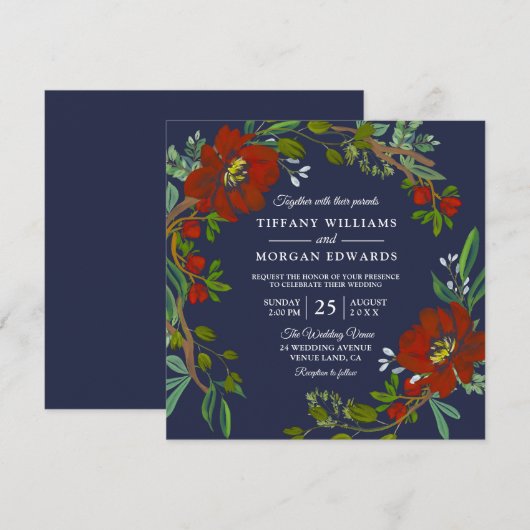 Burgundy & Navy Spring Summer Fall Wedding Invite Kaart (Voorkant / Achterkant)