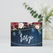 Burgundy Navy String Light mason jar RSVP Briefkaart (Staand voorkant)