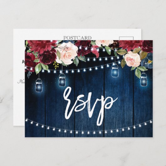 Burgundy Navy String Light mason jar RSVP Briefkaart (Voorkant / Achterkant)