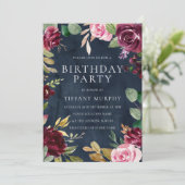 Burgundy Navy Waterverf Floral de hele dag Kaart (Staand voorkant)