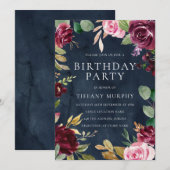 Burgundy Navy Waterverf Floral de hele dag Kaart (Voorkant / Achterkant)