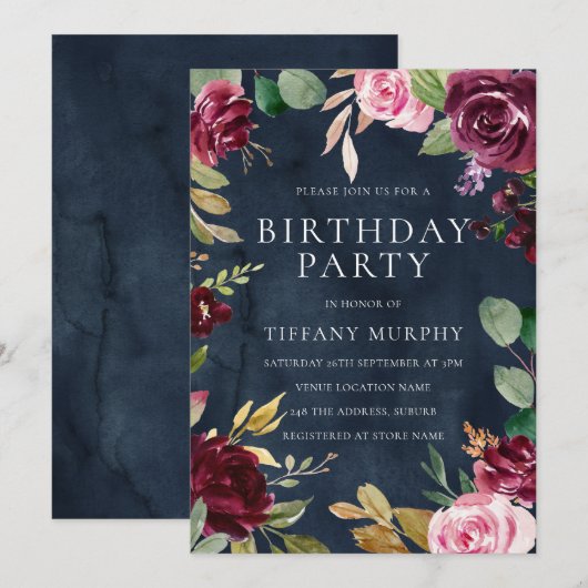 Burgundy Navy Waterverf Floral de hele dag Kaart (Voorkant / Achterkant)