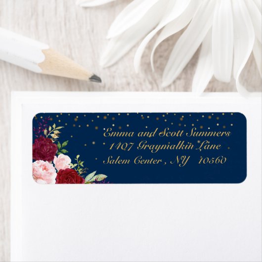 Burgundy Navy Waterverf Flower Address Label Gold (Insitu)