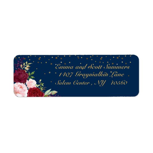 Burgundy Navy Waterverf Flower Address Label Gold (Voorkant)