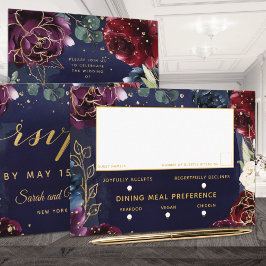 Burgundy Navy Wedding 3 Meal Choice RSVP Kaartje