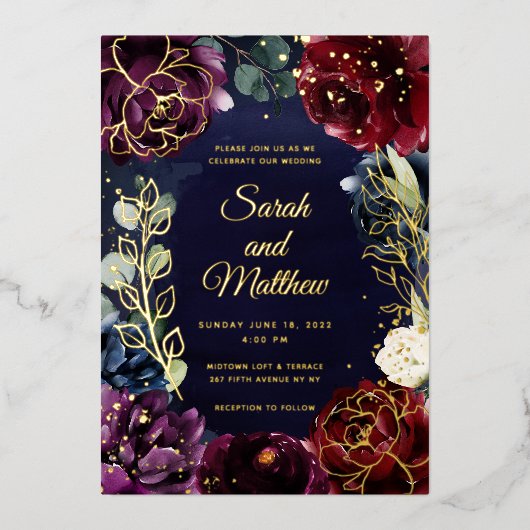Burgundy Navy Wedding Gold Folie Uitnodiging (Voorkant)