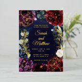 Burgundy Navy Wedding Gold Folie Uitnodiging (Staand Voorkant)
