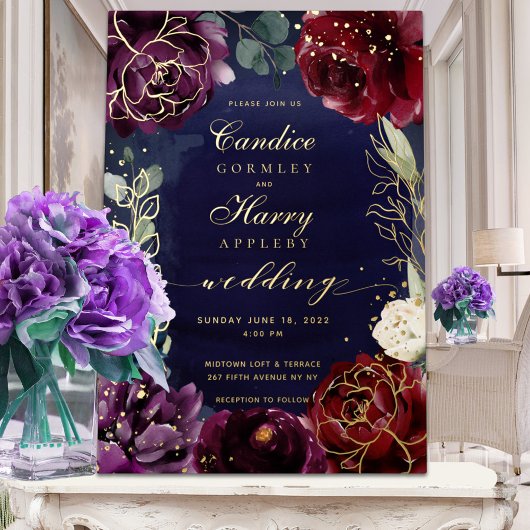 Burgundy Navy Wedding II Gold Foil uitnodiging