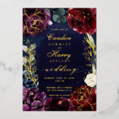 Burgundy Navy Wedding II Gold Foil uitnodiging (Voorkant)