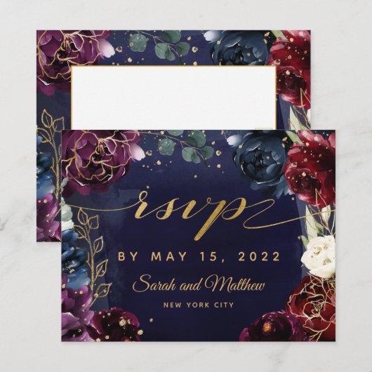 Burgundy Navy Wedding Mail Back RSVP Card (Voorkant / Achterkant)