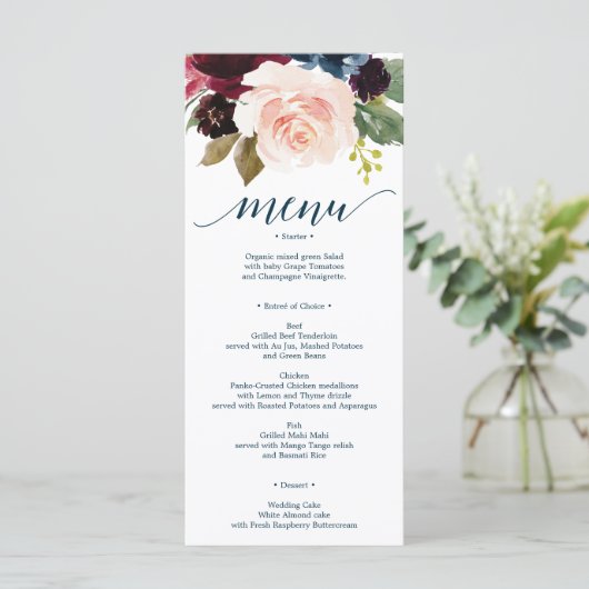 Burgundy Navy Wedding Menu en Hartelijk dank (Staand voorkant)