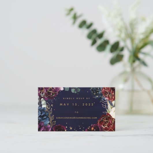 Burgundy Navy Wedding Online RSVP-kaart Visitekaartje (Staand voorkant)