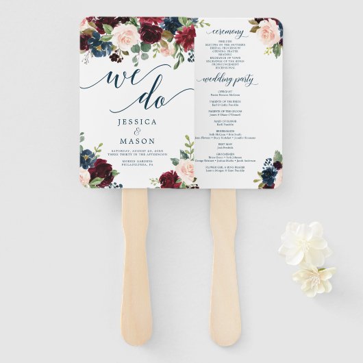 Burgundy Navy Wedding Program Fan Handwaaier (Voorkant en achterkant)