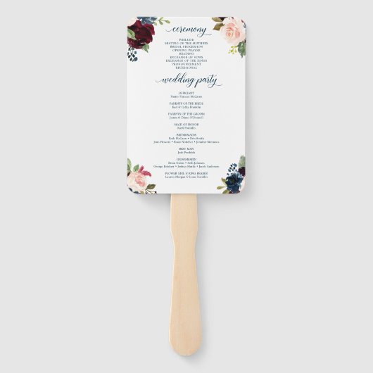 Burgundy Navy Wedding Program Fan Handwaaier (Achterkant)