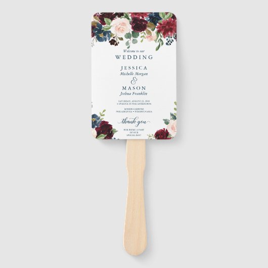 Burgundy Navy Wedding Program Fan Handwaaier (Voorkant)