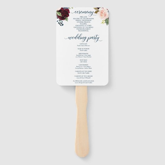 Burgundy Navy Wedding Program Fan Handwaaier (Achterkant)