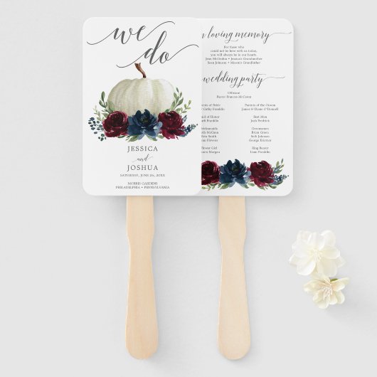 Burgundy Navy Wedding Program Fan Loving Memory Handwaaier (Voorkant en achterkant)