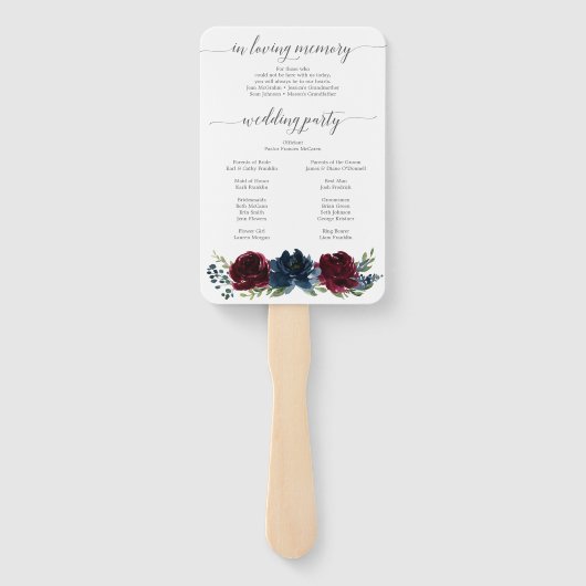 Burgundy Navy Wedding Program Fan Loving Memory Handwaaier (Achterkant)
