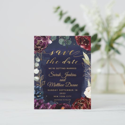 Burgundy Navy Wedding Save the Date II (Staand voorkant)