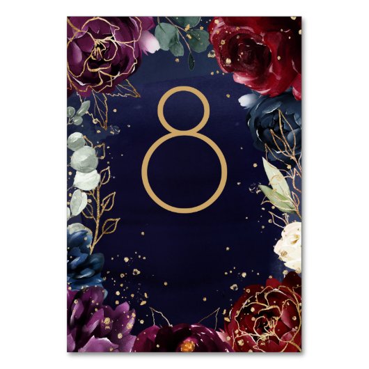 Burgundy Navy Wedding Table Number Kaart (Achterkant)