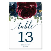 Burgundy Navy Wedding Table Numbers Dubbelzijdig Kaart (Achterkant)